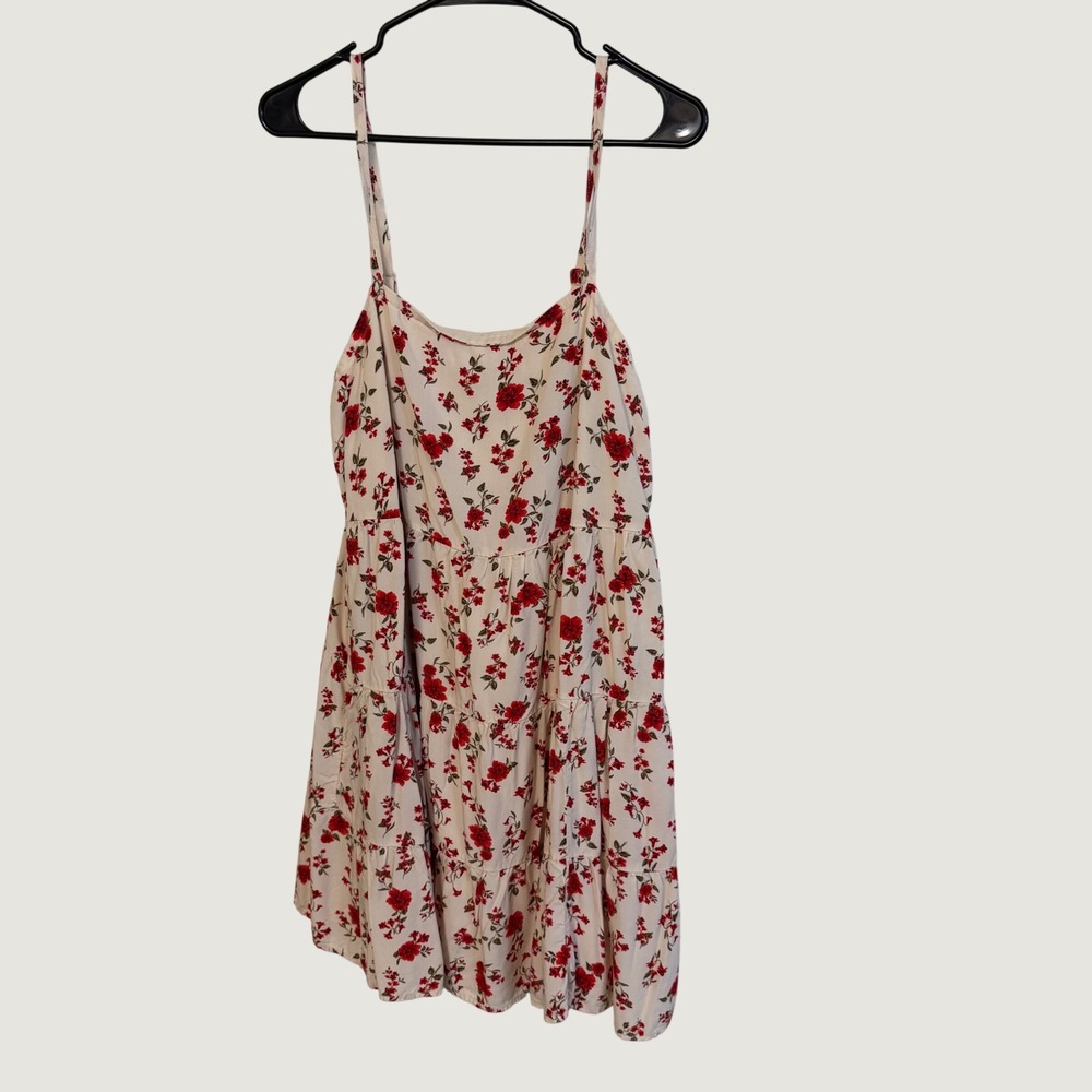 Old Navy‎ Floral Mini Dress Womens Large Cream Red Rose Tiered Spaghetti Strap